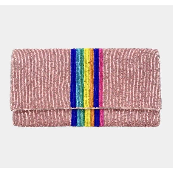 Boutique Blush Rainbow Color‎ Block Seed Beaded Clutch / Crossbody Bag - Picture 1 of 2